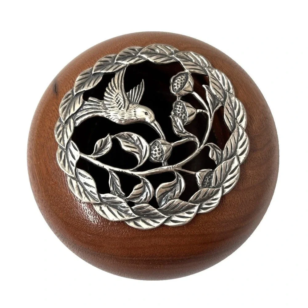 VTG Wood Round Bowl Pewter Humming Bird Lid Jewelry Keepsake Box Potpourri